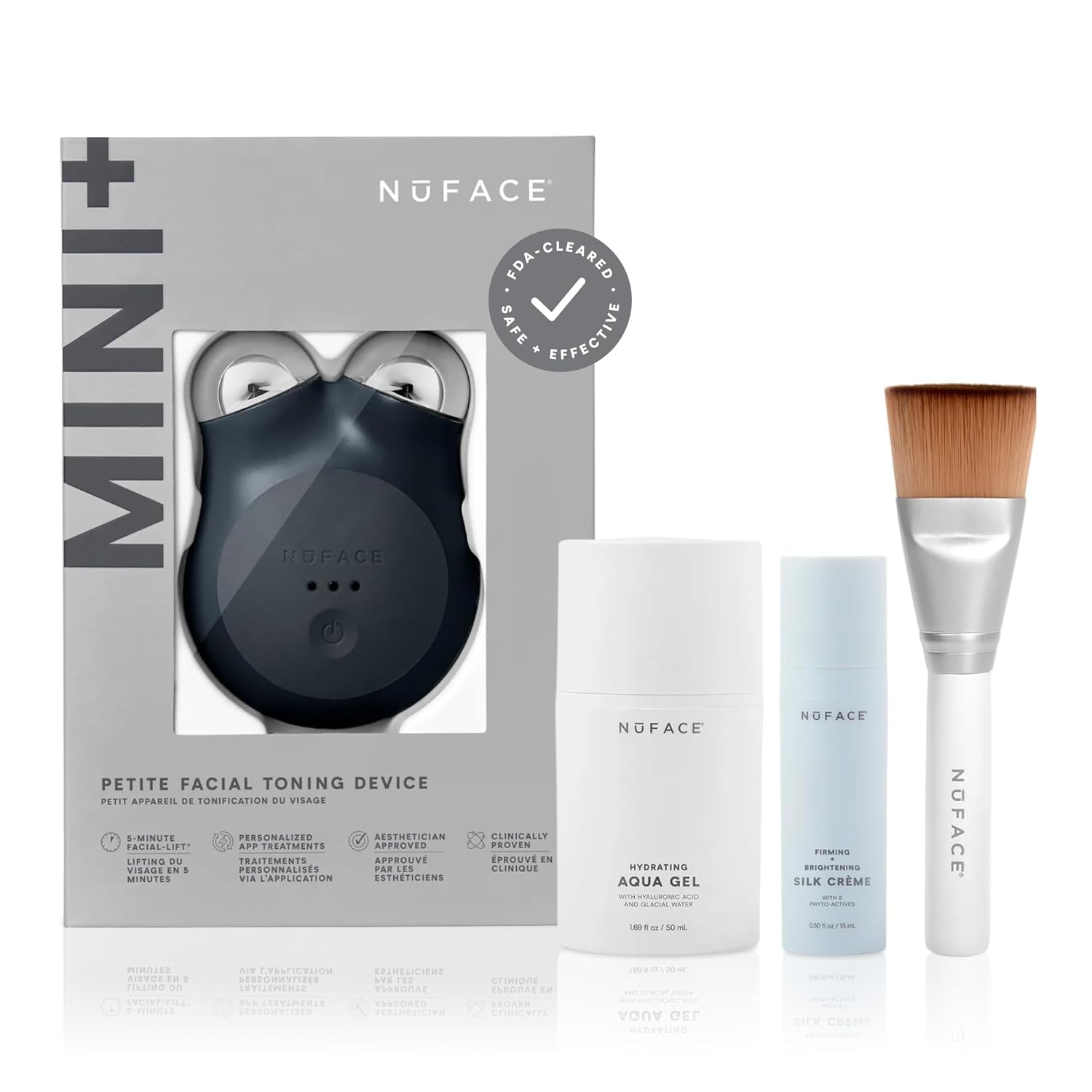 NuFACE MINI+ Microcurrent Facial Device Kit - FDA Cleared Face Sculpting & Skin Tightening Device to Contour, Lift & Tone + Microcurrent Gel Activator & Silk Creme - Midnight Black