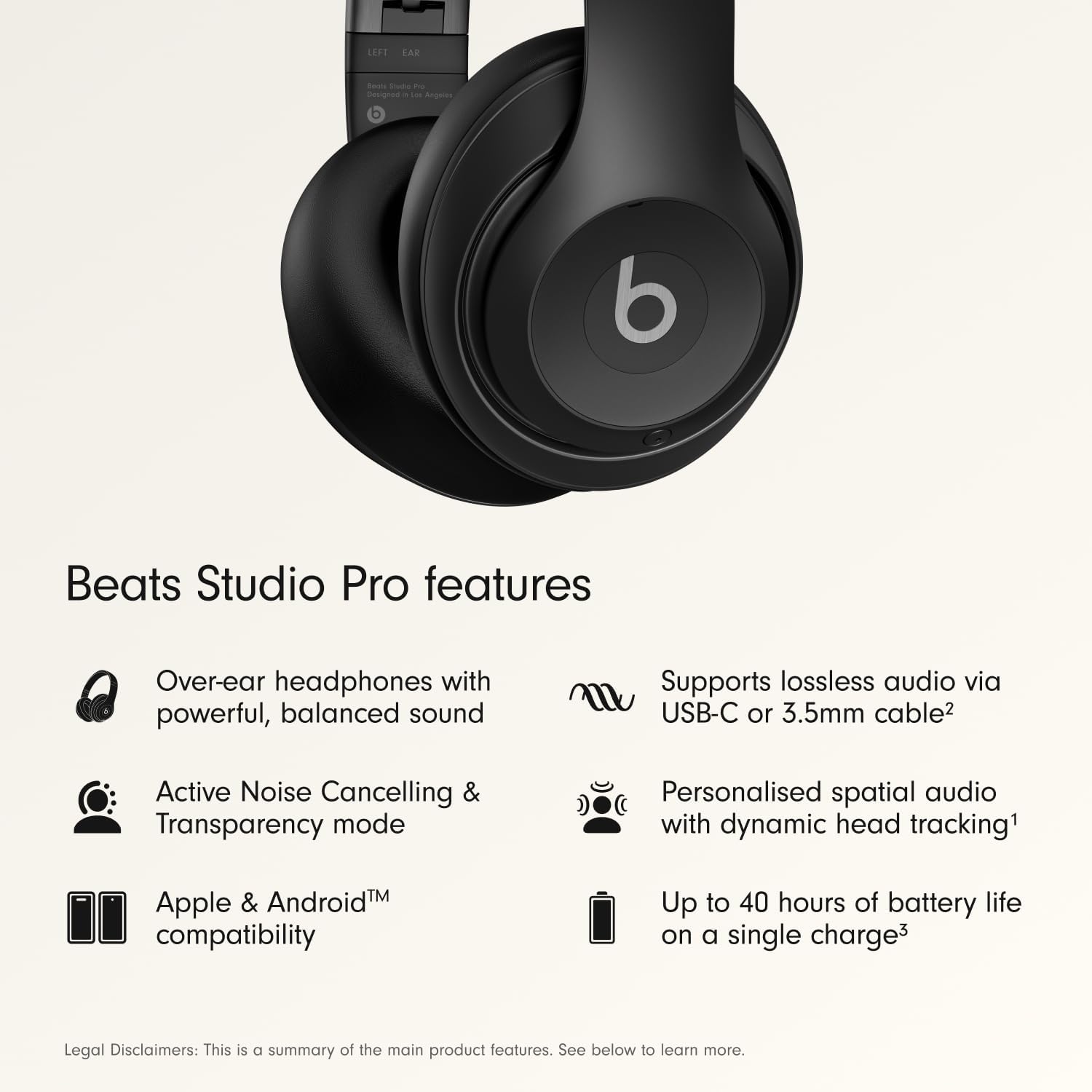 Beats Studio Pro - Premium Wireless Over-Ear Headphones- Up to 40-Hour Battery Life, Active Noise Cancelling, USB-C Lossless Audio, Apple & Android Compatible - Black - Image 2