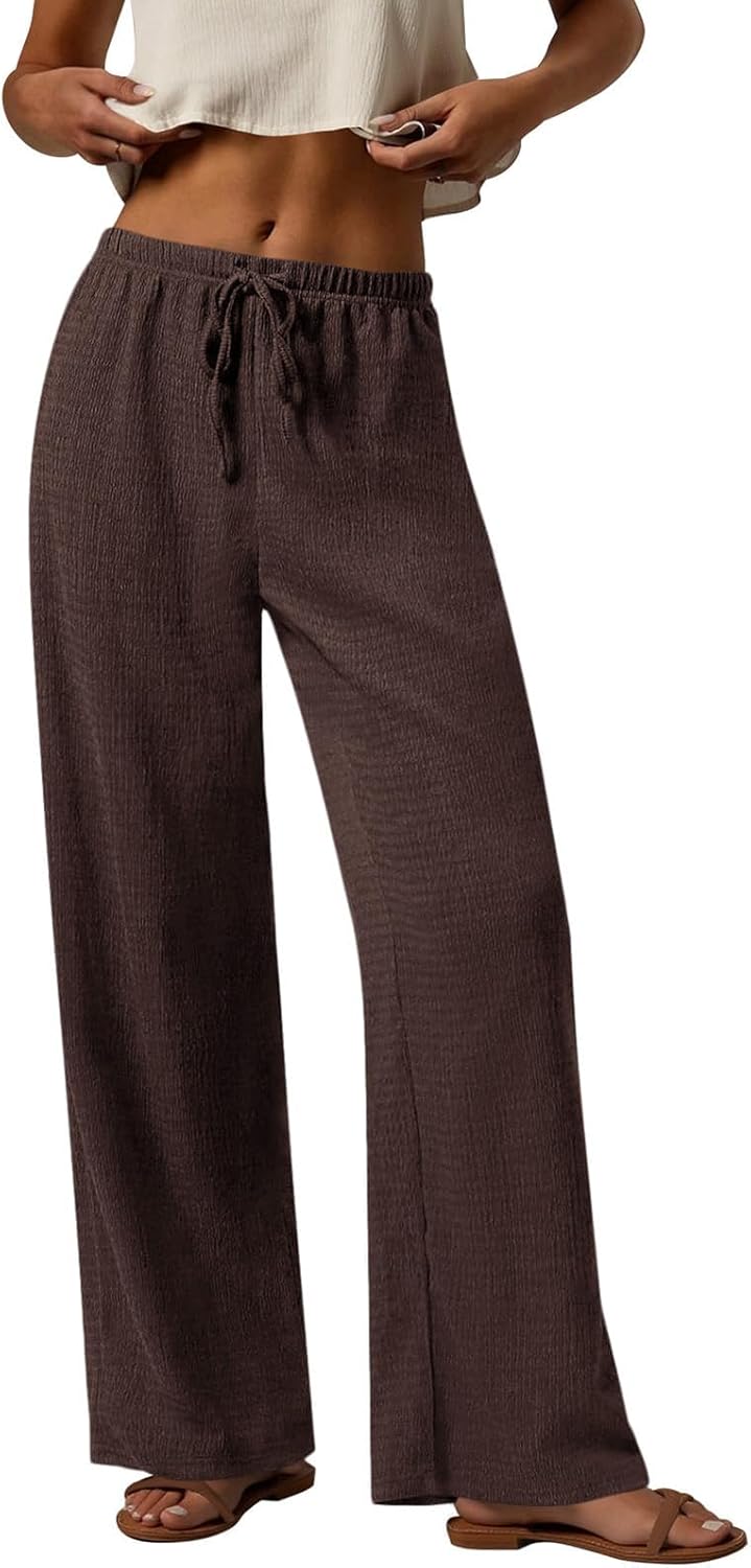 PRETTYGARDEN Womens Summer Elastic Waist Textured Flowy Palazzo Pants for Women Casual Wide Leg Pants Woman with Pockets