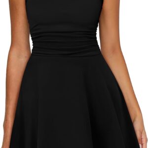 OFEEFAN Dresses for Women Summer Square Neck Sleeveless Mini Dress Ruched Waist Fit and Flare Pleated Dresses