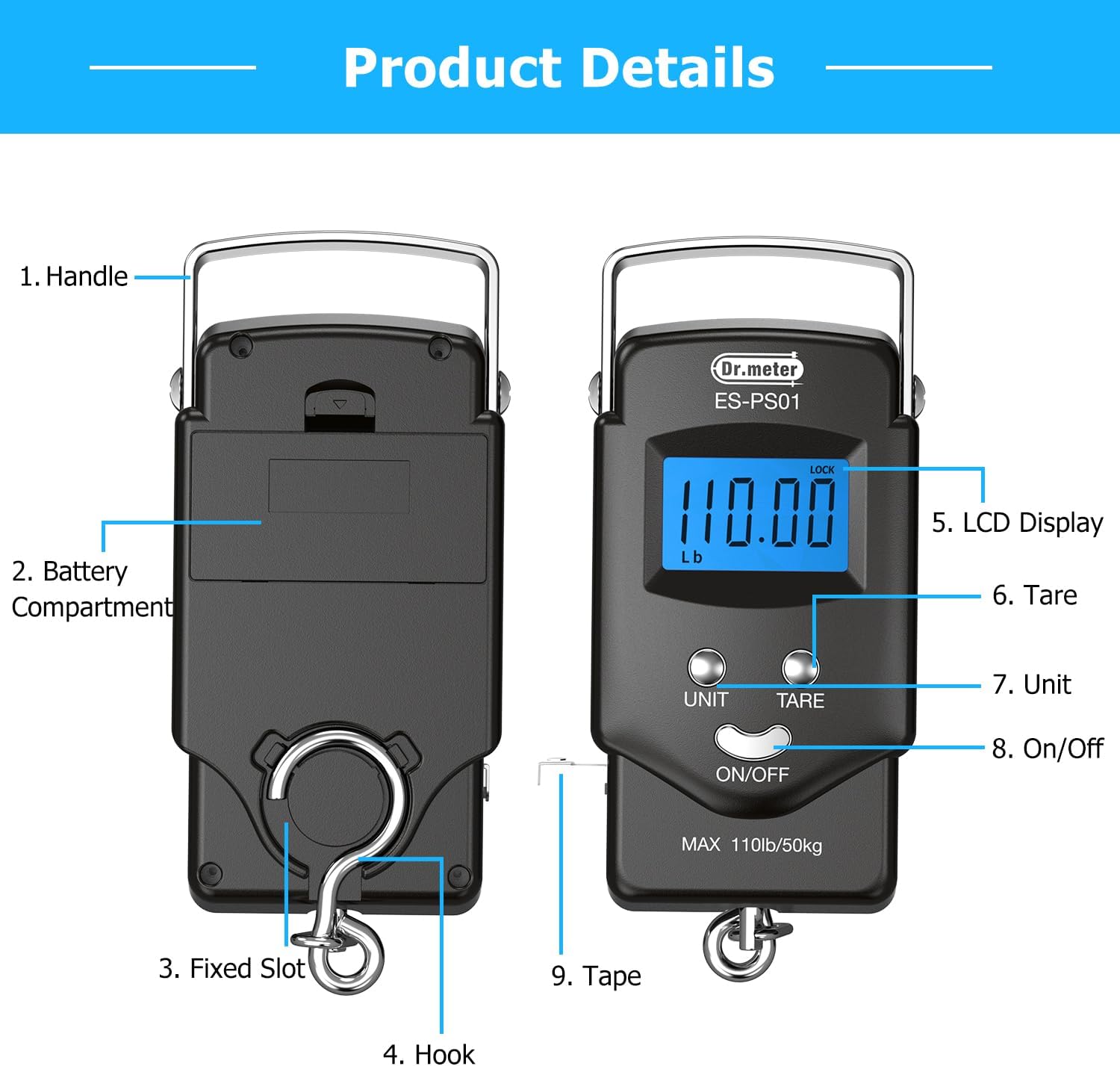 Dr.meter Fish Scale Luggage Scale Fishing Gear - 110lb Backlit LCD Display Digital Scale with Built-in Measuring Tape - Fishing Scale with 2 AAA Batteries, Pocket Size - Fishing Gifts for Men - Image 5