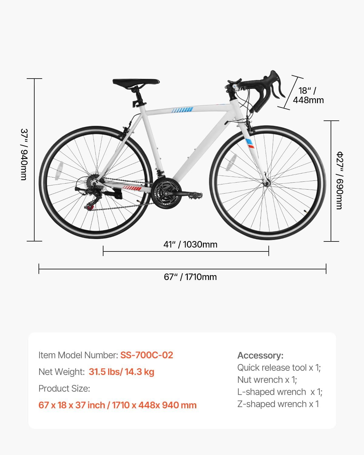 VEVOR Road Bike, 700C Wheels Racing Bike, Shimano Drivetrain City Commuter Road Bicycle, Urban Adult Sport Bicycle with Drop Bar, for Men and Women - Image 7