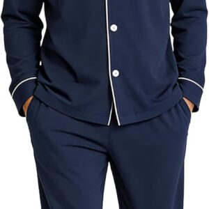 U2SKIIN Mens Cotton Pajama Set, Soft Long Sleeve Pajamas for men Lightweight Button Up Sleepwear Lounge Pjs Set with Pockets