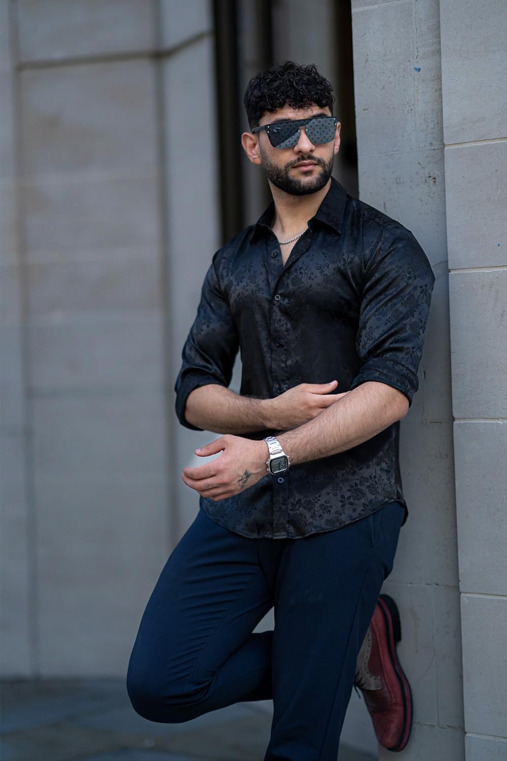 COOFANDY Men's Silk Satin Dress Shirts Jacquard Long Sleeve Floral Button Up Shirts Party Prom Wedding Shirt - Image 2