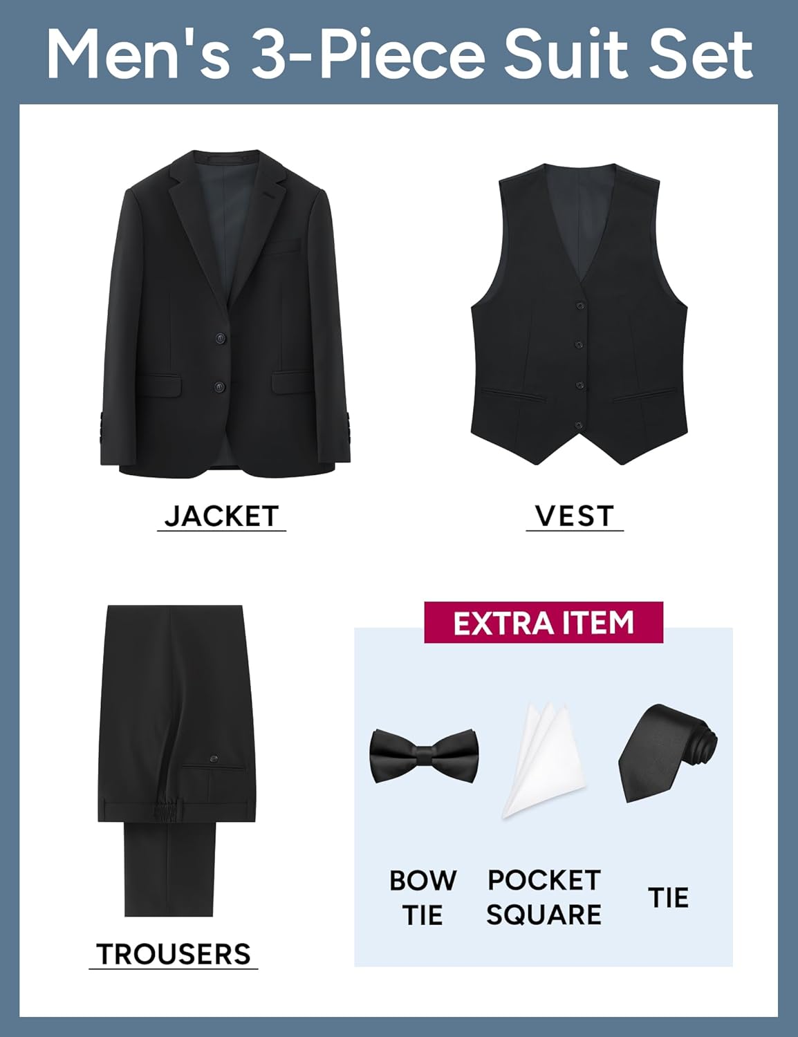Men's Stretch Slim Fit 5-Piece Suit Set with Blazer, Vest, Pants, Bow Tie, Necktie and Pocket Square - Image 2