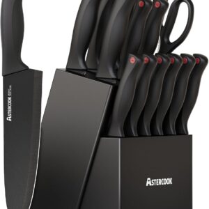 Knife Set, Astercook 15 Pieces Knife Sets for Kitchen with Block, Dishwasher Safe Kitchen Knife Set with Built in Sharpener Block, German Stainless Steel Knife Block Set, Mothers Day Gifts for Women