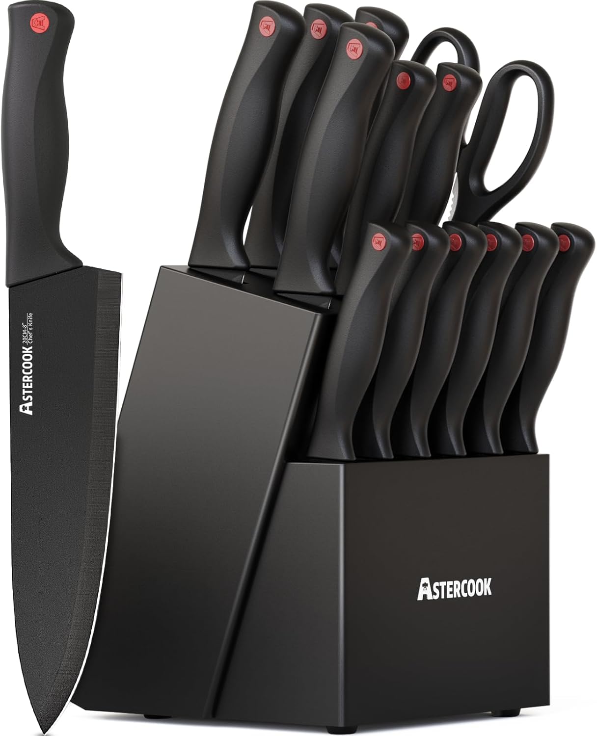 Knife Set, Astercook 15 Pieces Knife Sets for Kitchen with Block, Dishwasher Safe Kitchen Knife Set with Built in Sharpener Block, German Stainless Steel Knife Block Set, Mothers Day Gifts for Women