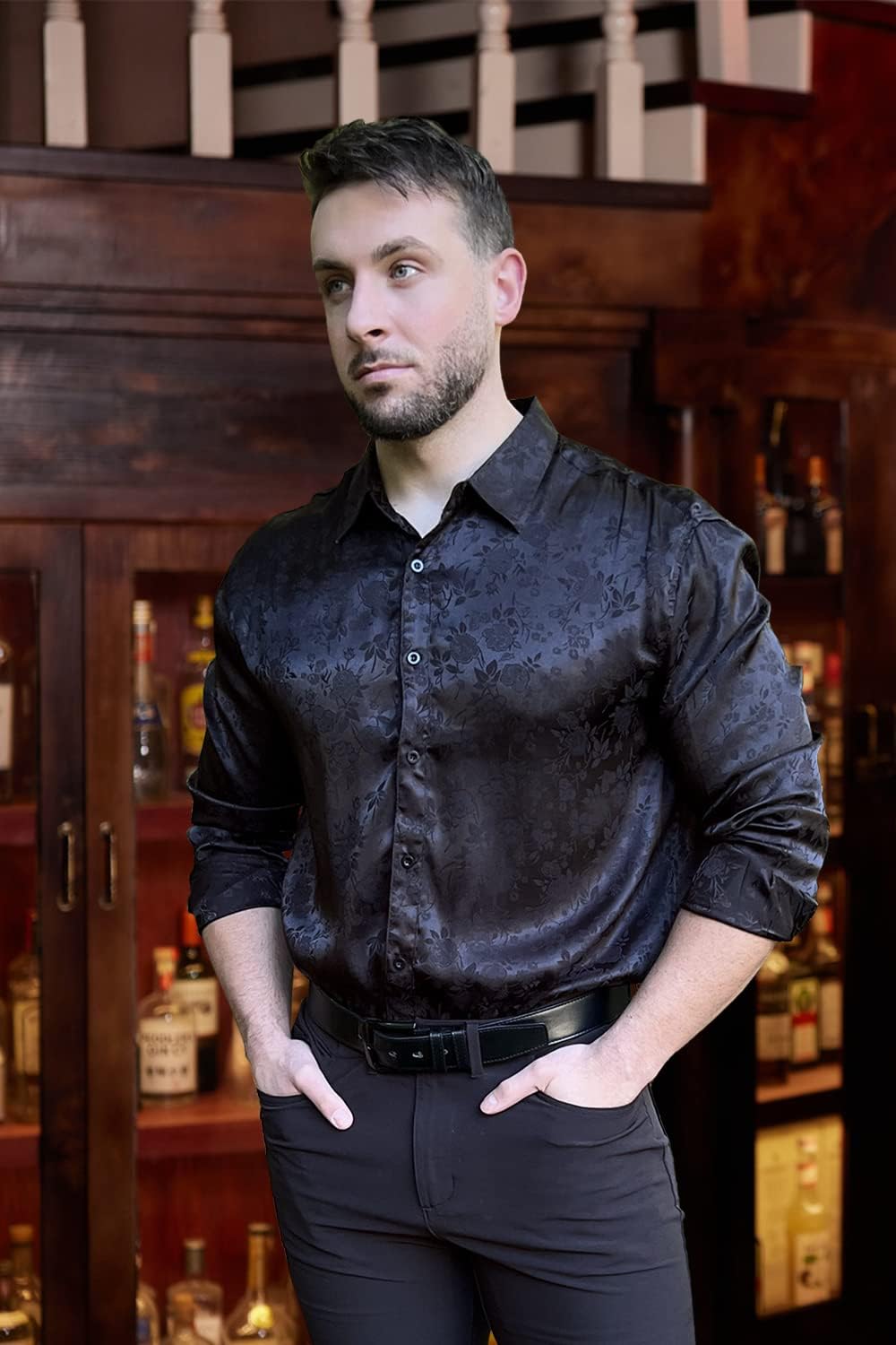 COOFANDY Men's Silk Satin Dress Shirts Jacquard Long Sleeve Floral Button Up Shirts Party Prom Wedding Shirt - Image 3