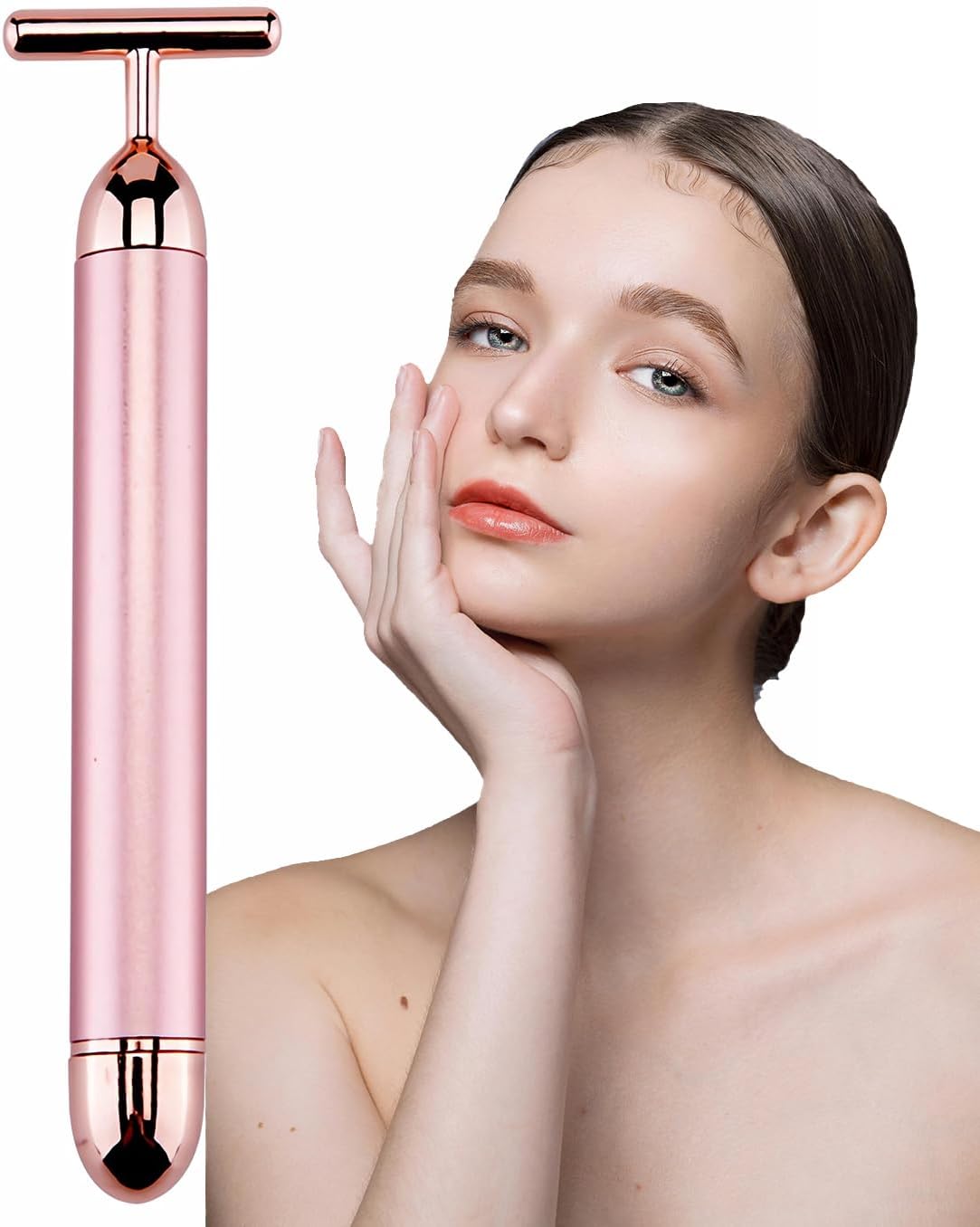 Beauty Bar 24K Gold Facial Massager - Face T Shape Tool for Skin Care Tightening with Ergonomic Design (Pink)