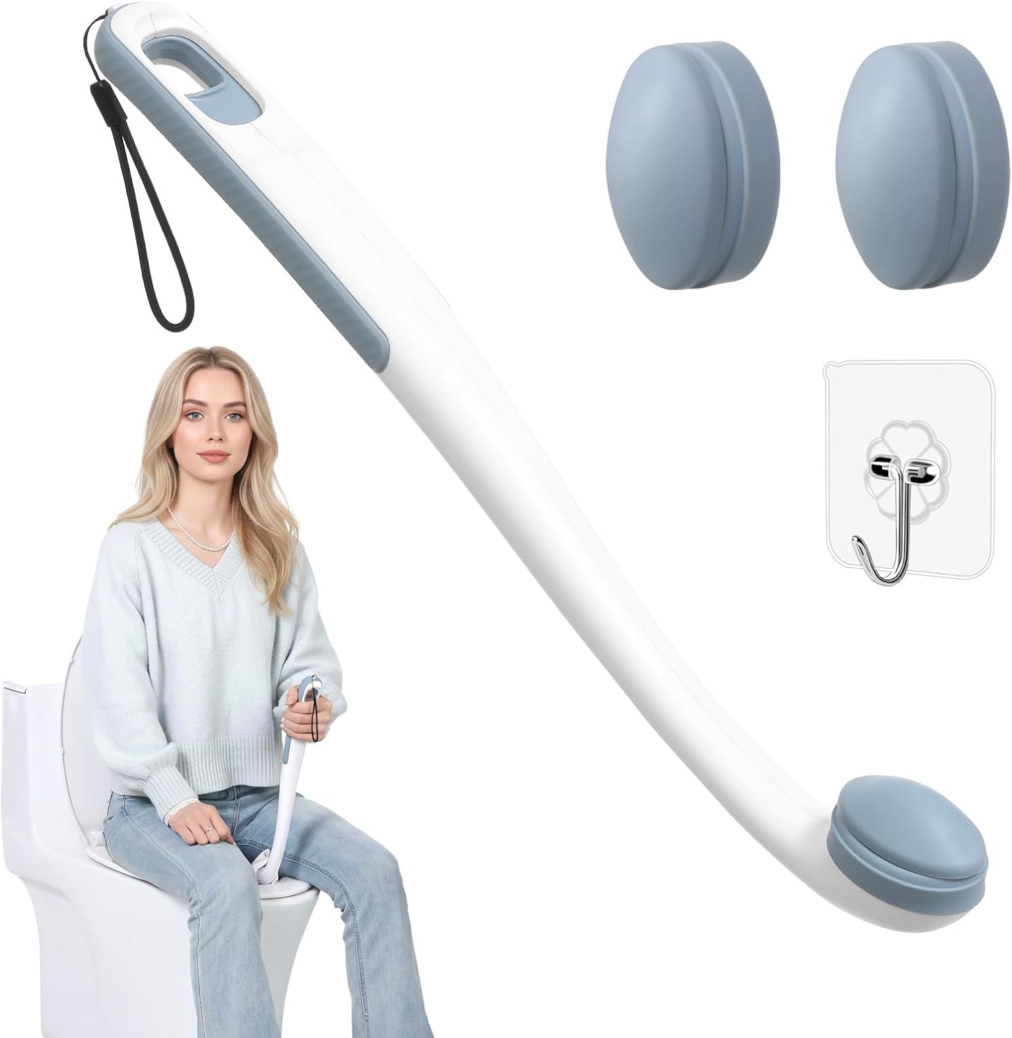 Toilet Aids for Wiping Bottom, 16.5" Long Reach Comfort Wipe - Butt Wiper Tool with Replaceable Head & Wrist Strap - Bottom Buddy Wiping Aid for Elderly, Disabled, Overweight, Post-Surgery