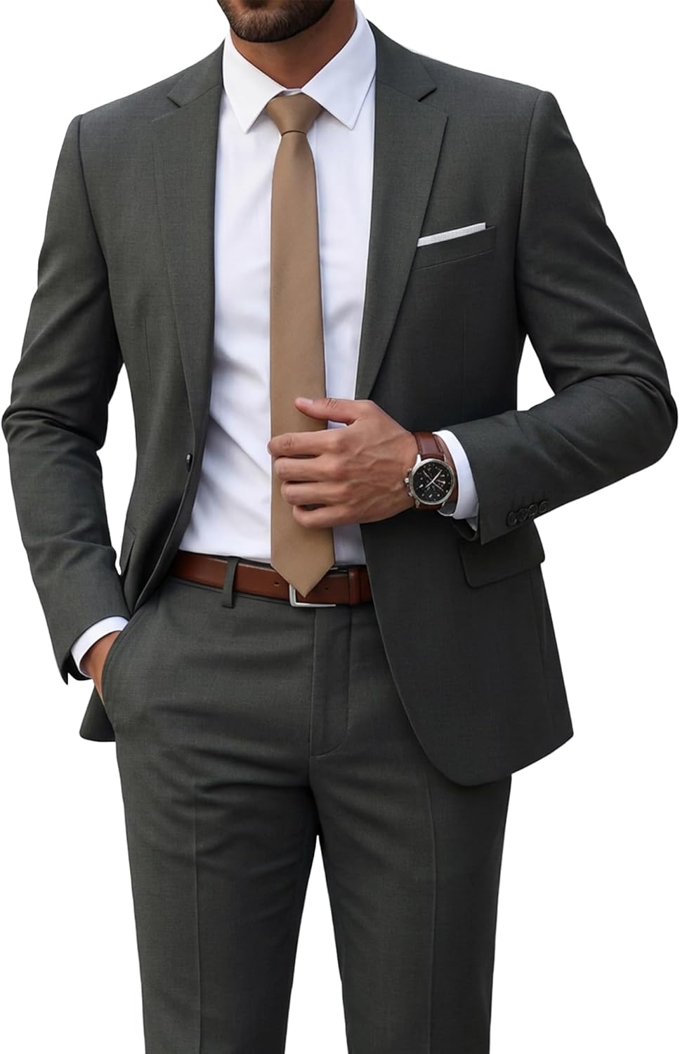 YND Men's 2 Piece Suit with Tie, One Button Slim Fit Solid Jacket and Pants Set, Suits for Men Prom Party Wedding & Business
