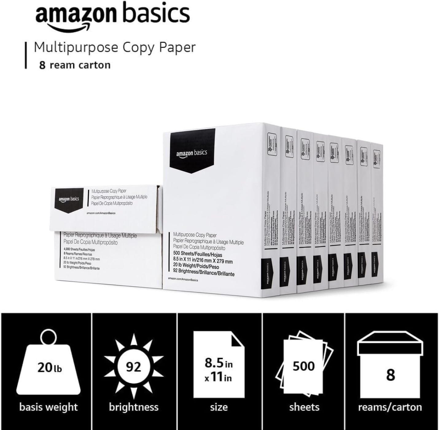 Amazon Basics Multipurpose Copy Printer Paper, 20 lb, 8.5 x 11 Inches, 8 Reams (4,000 Sheets), 92 Bright White, Great for Crisp Ink Printing - Image 2