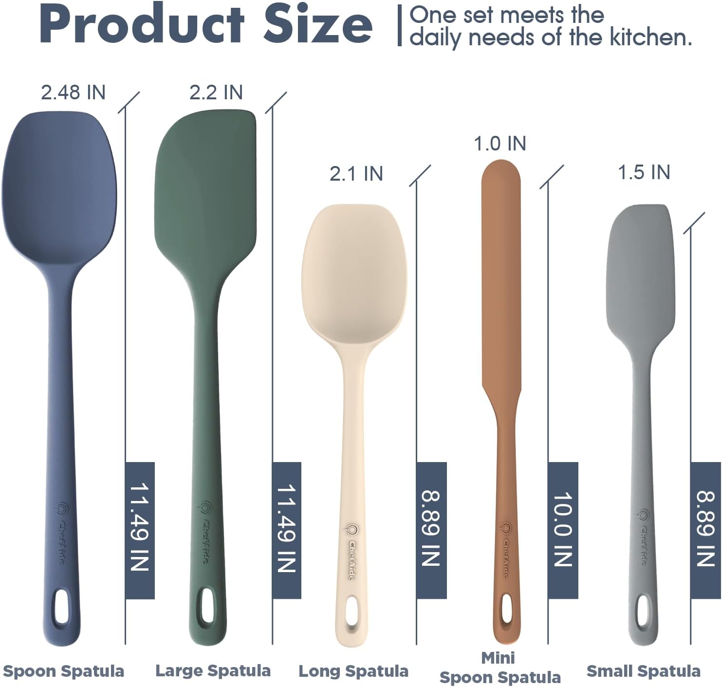 ChefAide 5 Pieces Silicone Spatula Set, Food Grade Rubber Spatula, Upgrade Strong Handle with Ergonomic Grip, Heat Resistant Up to 600°F for Nonstick Cookware, Cooking - Image 2