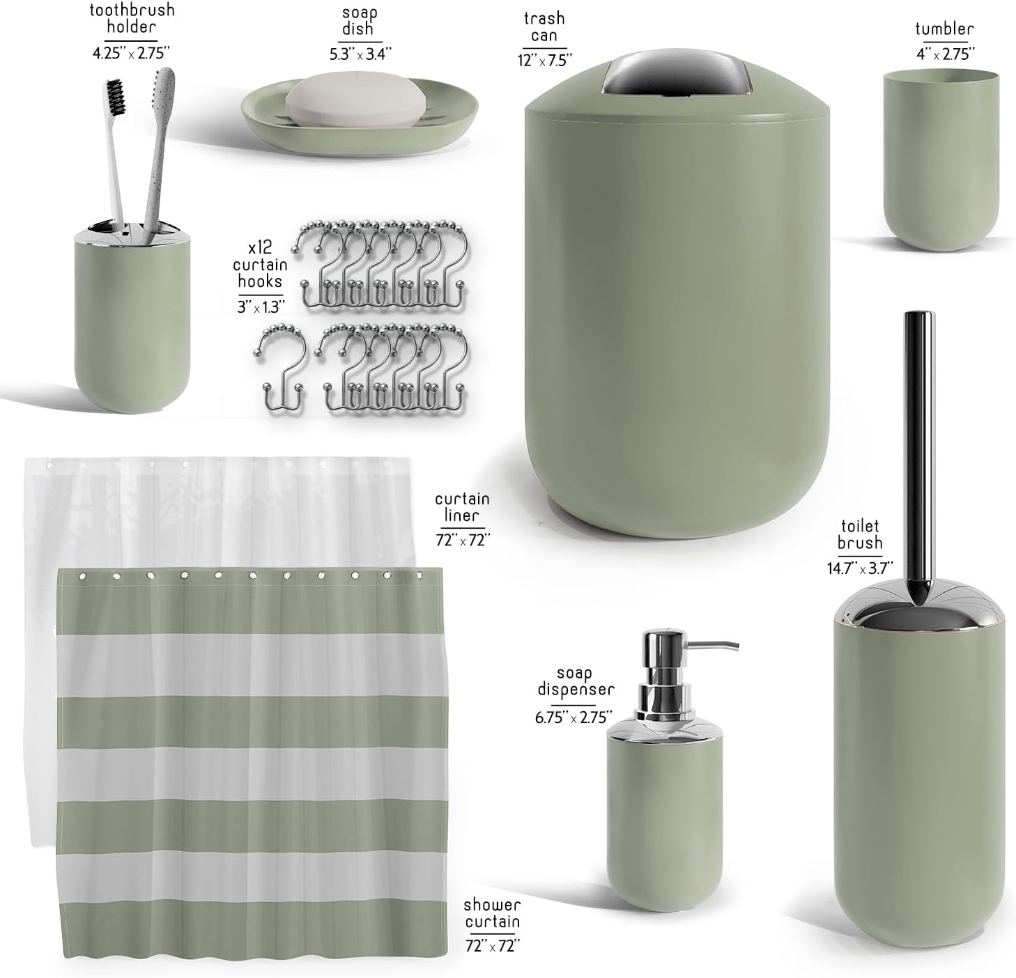 Clara Clark Bathroom Set - Sage Green Bathroom Accessories Set, 20PC Bathroom Accessory Set, Shower Curtain Set with Liner, Toothbrush Holder, Soap Dispenser, Soap Dish, and Toilet Brush Holder - Image 2