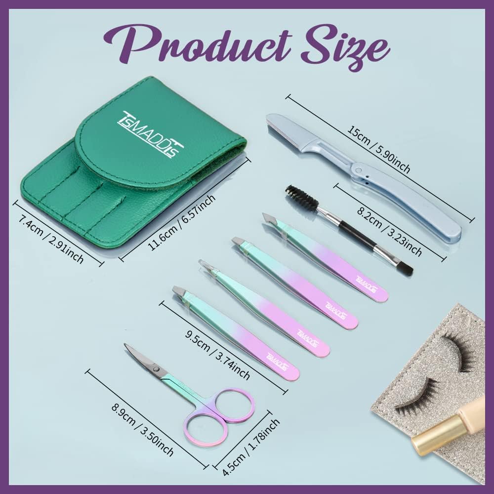 TsMADDTs 7 pcs Tweezers for Women Facial Hair, Precision Tweezer Set for Eyebrows with Curved Scissor and Eyebrow Razor for Ingrown Hair - Image 3
