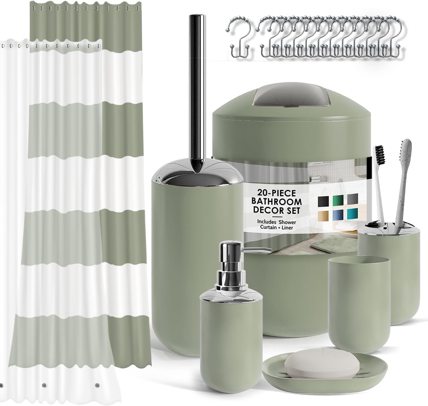Clara Clark Bathroom Set - Sage Green Bathroom Accessories Set, 20PC Bathroom Accessory Set, Shower Curtain Set with Liner, Toothbrush Holder, Soap Dispenser, Soap Dish, and Toilet Brush Holder