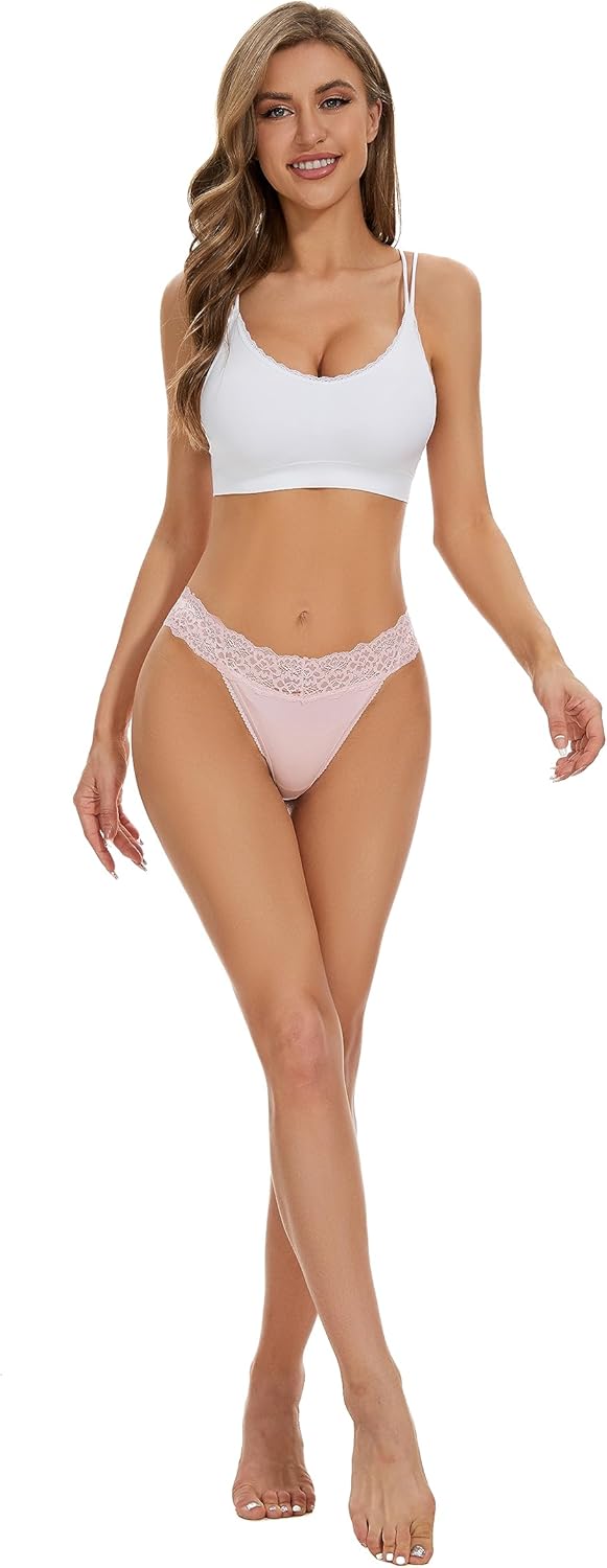 voenxe Seamless Thong for Women,No Show Lace Underwear,Ladies Cotton Blend Breathable Panties,Comfort Soft Undie,Tanga,5-Pack - Image 5