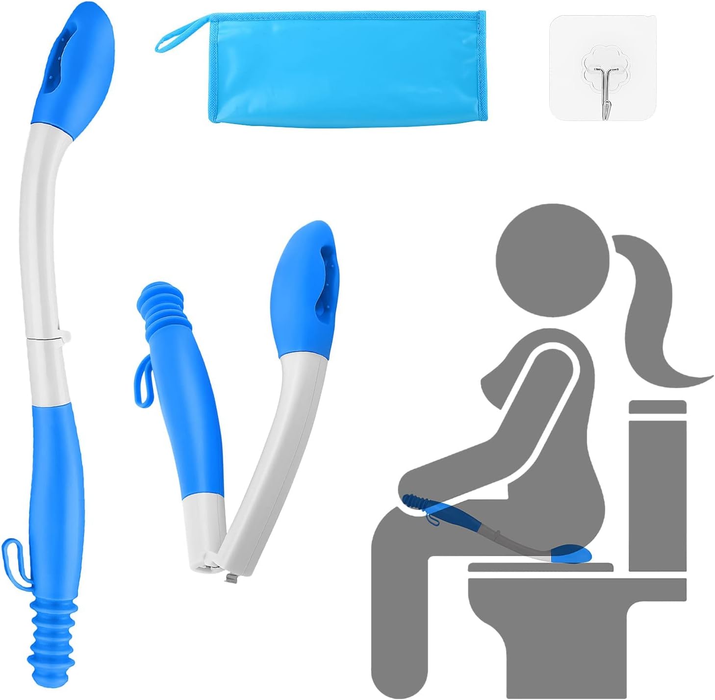 Jhua Foldable Butt Wiper Tool for Women Men Toilet Aids for Wiping 15.7" Long Comfort Bottom Buddy Wiping Aid, Self Wipe Assist Toilet Aids Wand for Disabled, Elderly, Overweight, Pregnant People