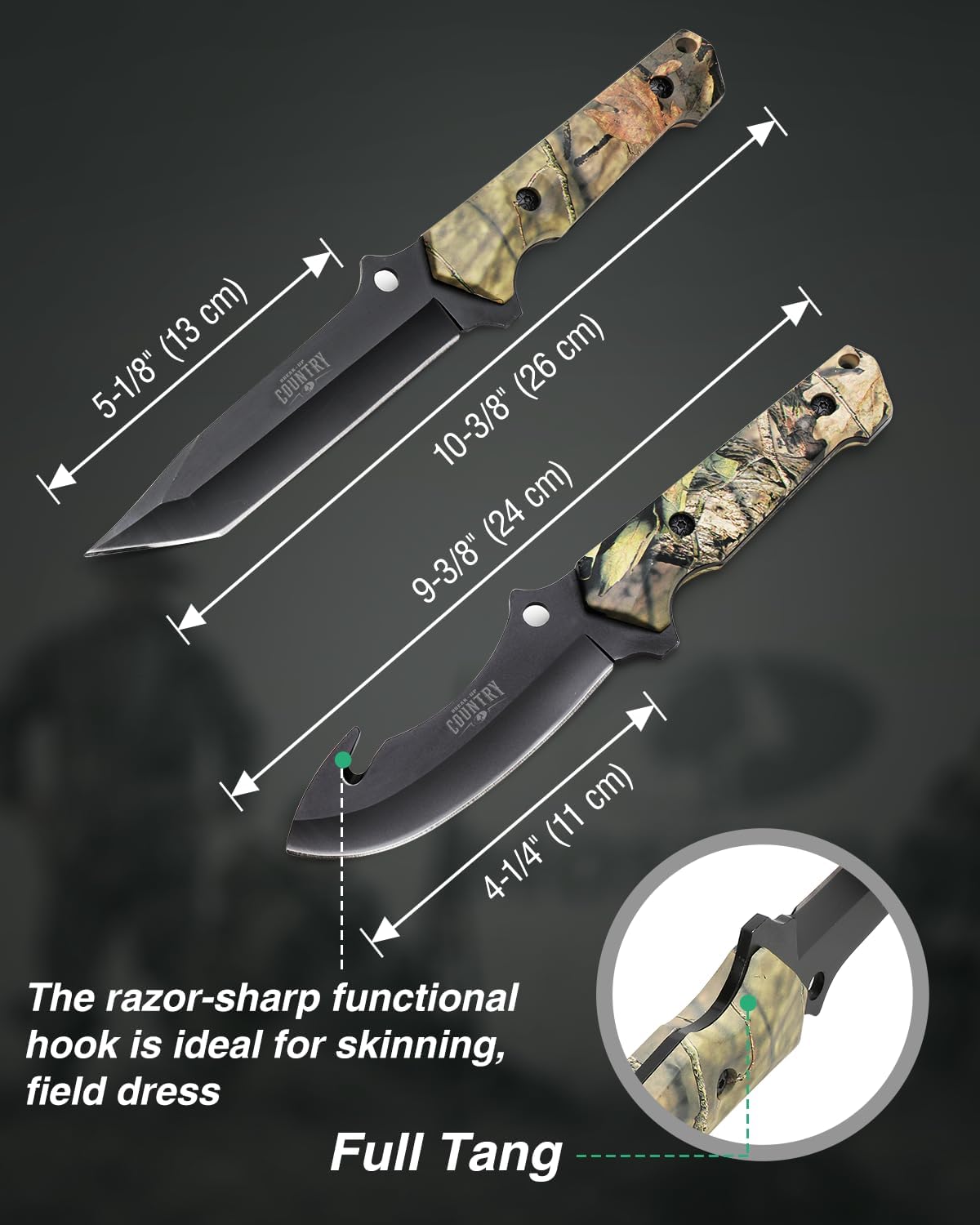 MOSSY OAK Fixed Blade Hunting Knife Set - 2 Piece, Full Tang Handle Straight Edge and Gut Hook Blades Game Processing Knife, Sheath Included - Image 2