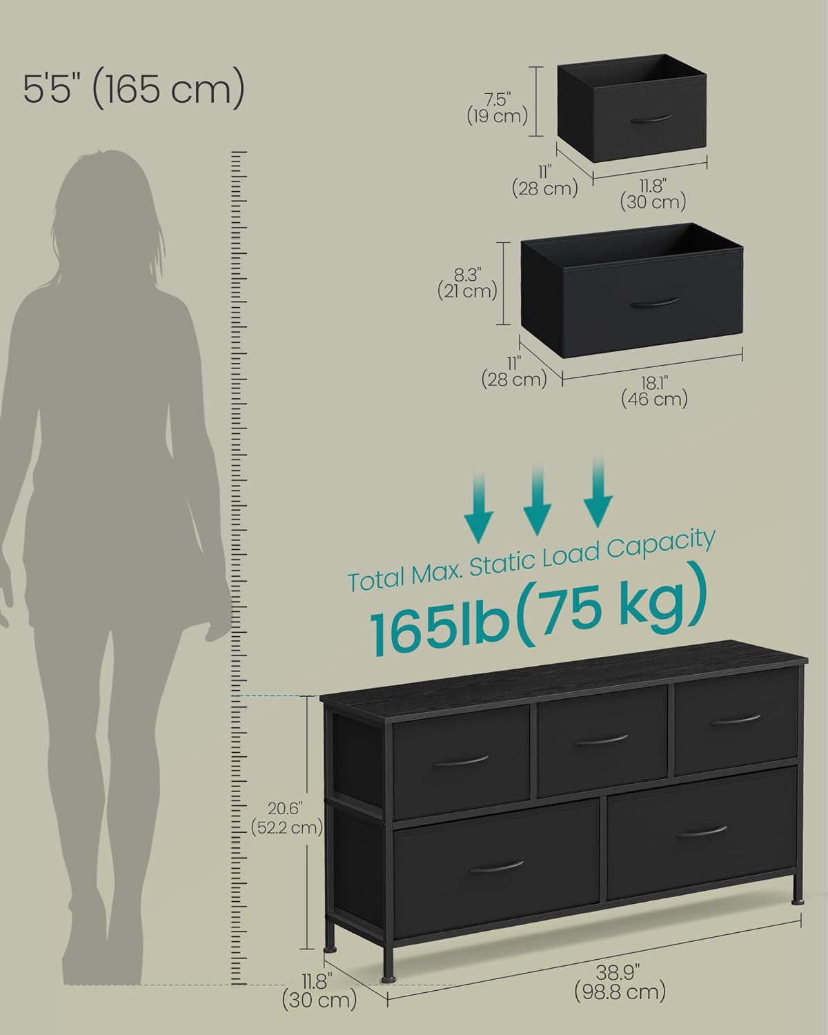 SONGMICS Dresser for Bedroom, Chest of Drawers, Steel, MDF, 5 Non-Woven Fabric Drawers, Storage Organizer Unit, Closet, Entryway, Ink Black and Ebony Black ULGS322B01S - Image 2