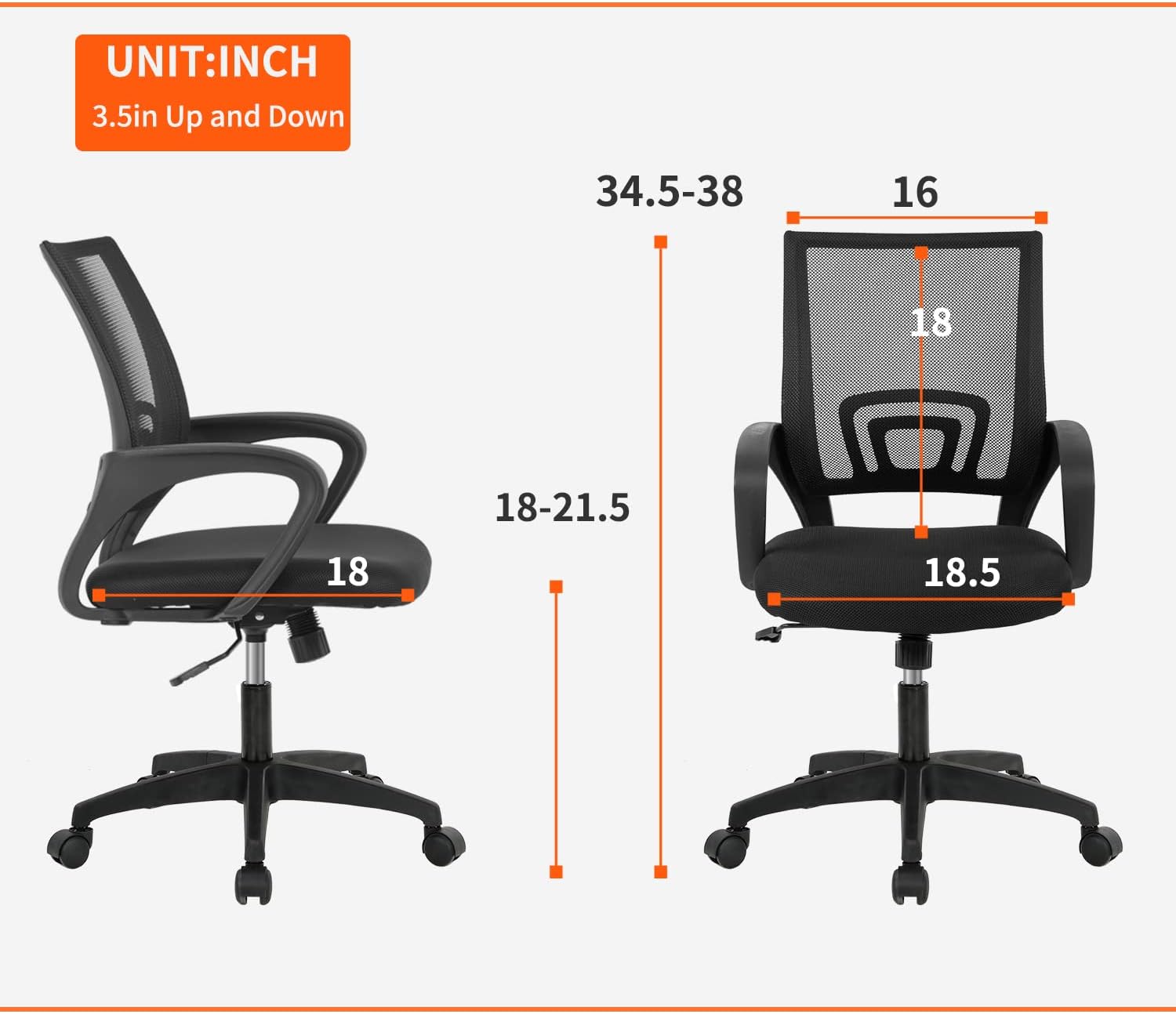 BestOffice | Ergonomic Office Chair | Mid-Back Swivel Desk Chair | Breathable Backrest & Lumbar Support | Adjustable Height | Sponge Seat | Rolling Wheels | Black | for Adults & Women - Image 3