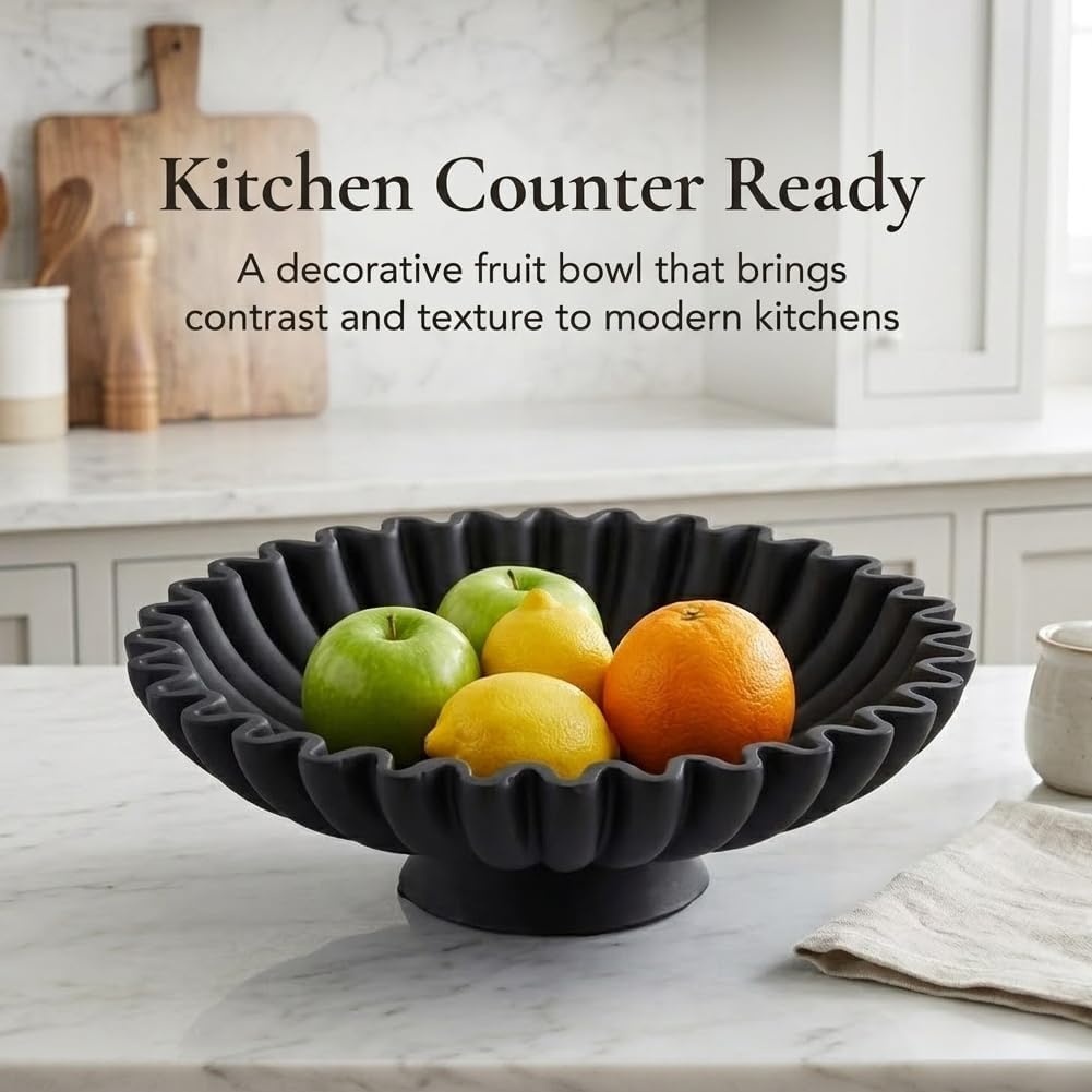9.5" Large Decorative Bowl - Scalloped Pedestal Bowls for Home Decor, Key Bowls for Entryway Table, Decorative Fruit Bowl for Kitchen Counter, Resin Black Ruffle Coffee Table Decor - Image 5