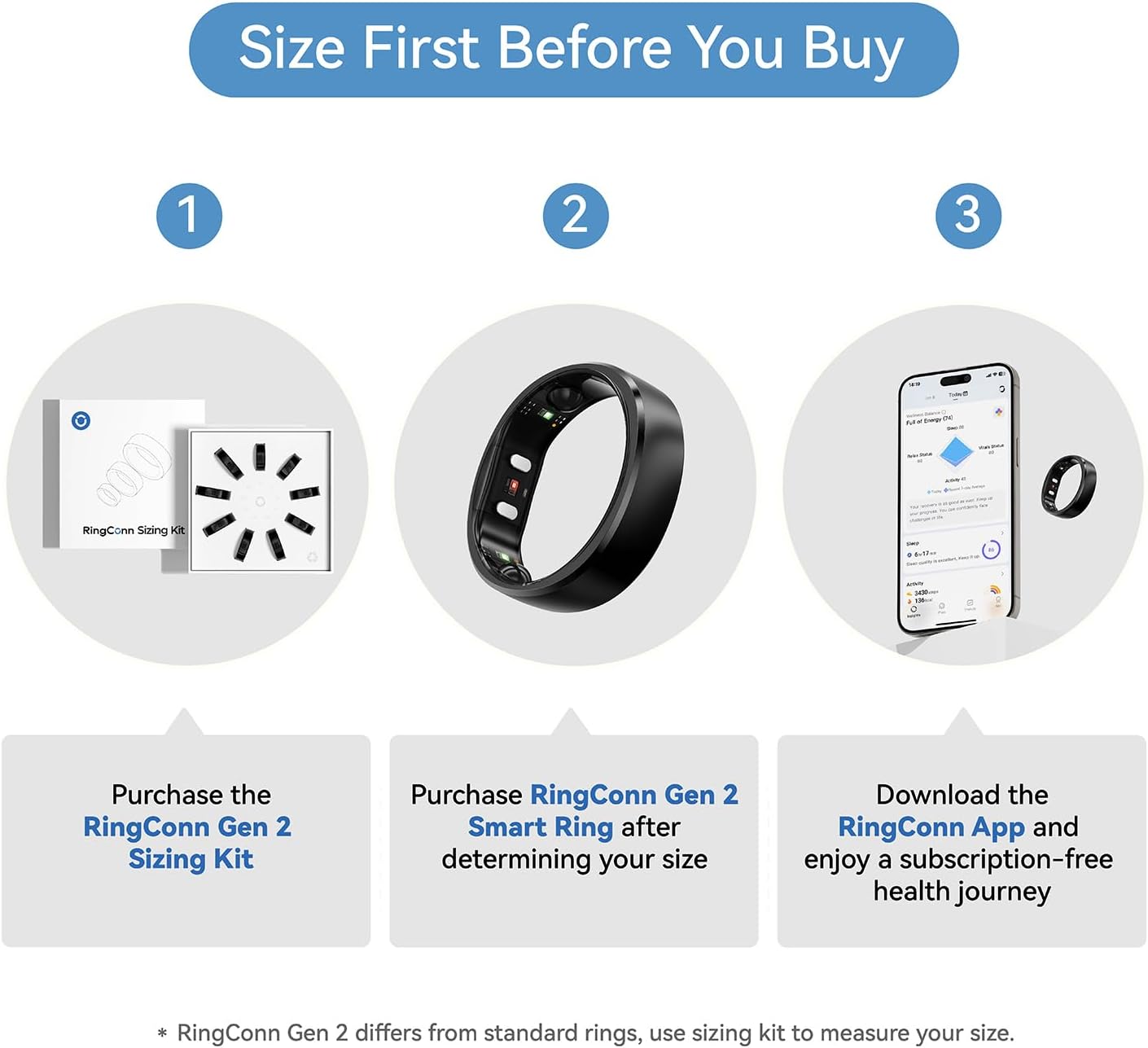 RingConn Gen 2, World’s First Smart Ring with Sleep Apnea Monitoring, No APP Subscription, 12-Day Battery Life, Stress/Heart Rate/Women's Health Tracker, Android & iOS Compatible (Black, Size 10) - Image 2