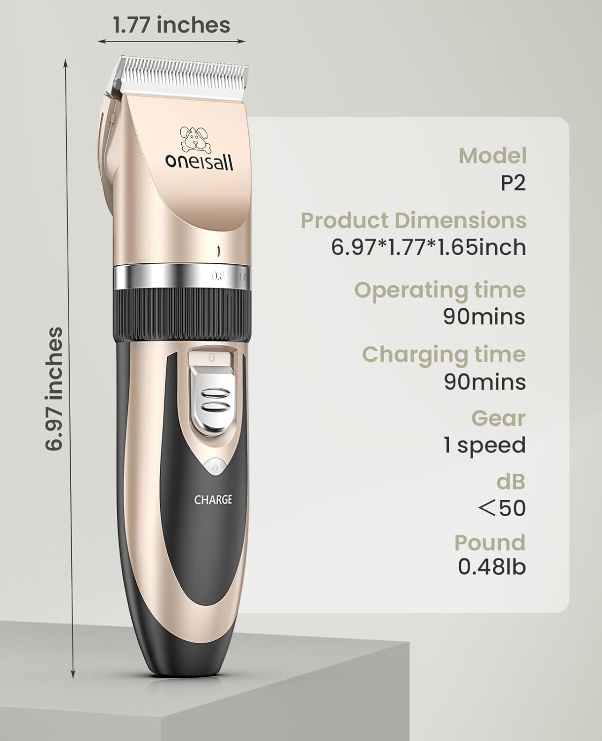 oneisall Dog Clipper Low Noise, Dog Grooming Kit with Rechargeable, Pet Shaver Cordless Electric Quiet Hair Clipper Set for Dogs Cats Pets(Gold) - Image 7