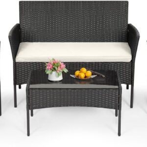 FDW | 4-Piece Patio Furniture Set | Black | Outdoor Wicker Furniture with Coffee Table | Modern Rattan Chairs Conversation Set | Outdoor Seating | Weather-Resistant | for Porch, Garden, Lawn