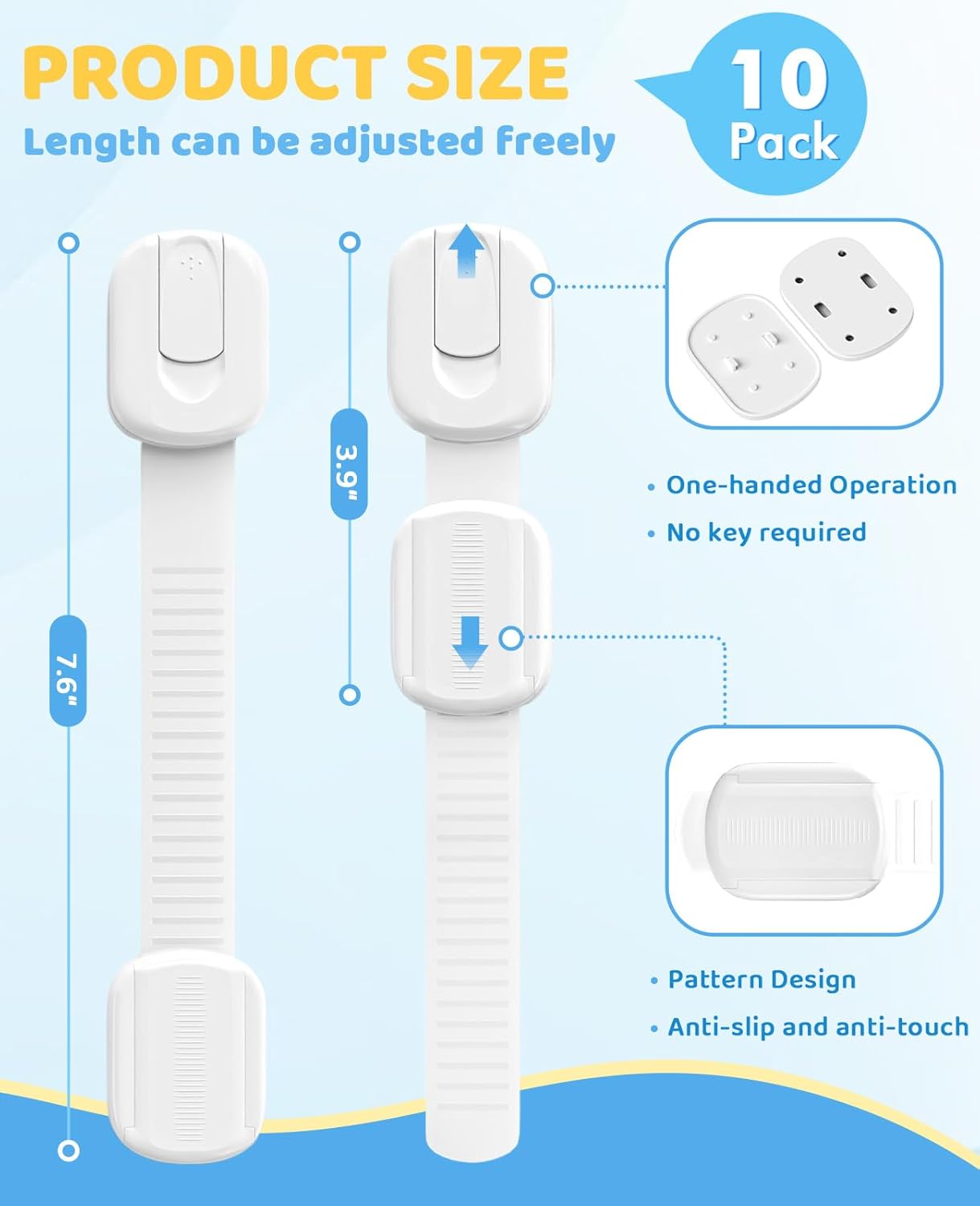 10 Pack Cabinet Locks Baby Proofing, Child Proof Cabinet Locks with 3M Adhesive - Easy Installation with Adjustable Straps, Multi-Purpose Child Safety Latches for Drawers Fridge Trash Cans Toilets - Image 2