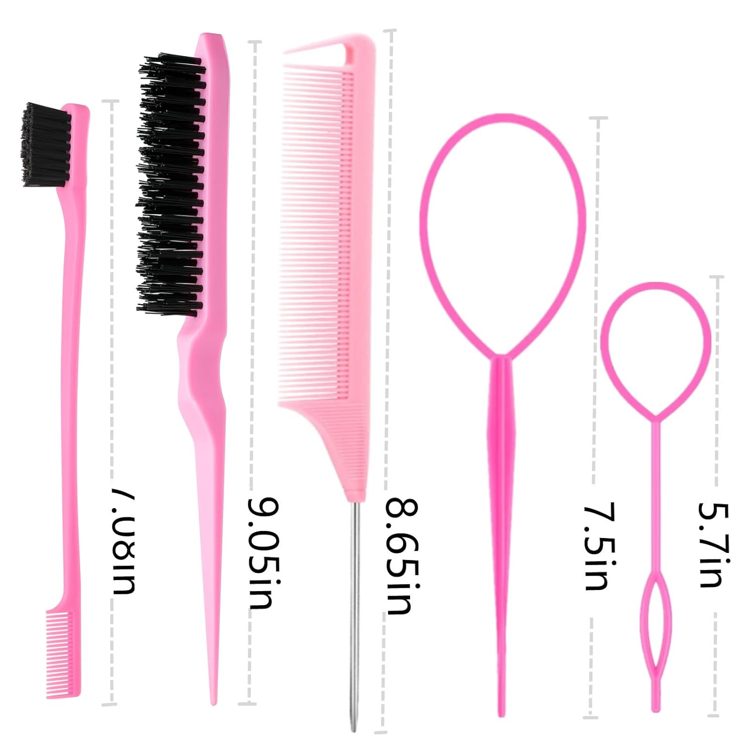 ZVOREI 8Pcs Hair Brushes Set with 4Pcs Topsy Hair Tail Tools 1Pcs Bristle Teasing Hair Brush 1Pcs Edge Control Brush 2Pcs Metal Pin Rat Tail Combs for Woman Girl hair Styling,Edge&Back Brushing,Pink - Image 6