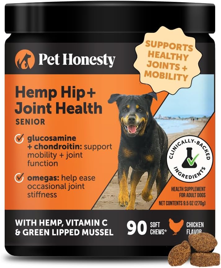Senior Hemp Hip and Joint Supplement for Dogs - Glucosamine Chondroitin, MSM & Green Lipped Mussel - Relief for Joint Stiffness, Advanced Strength Mobility Support for Senior Dogs (Chicken, 90 Ct)