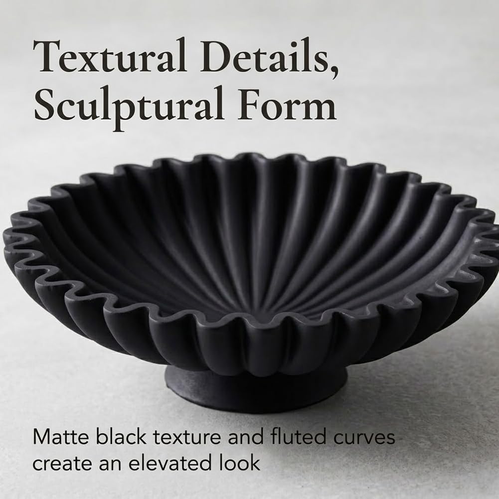 9.5" Large Decorative Bowl - Scalloped Pedestal Bowls for Home Decor, Key Bowls for Entryway Table, Decorative Fruit Bowl for Kitchen Counter, Resin Black Ruffle Coffee Table Decor - Image 6