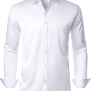 DEMEANOR Mens Dress Shirt Long Sleeve Stretch Wrinkle Free Wedding Formal Business Button Down Shirt