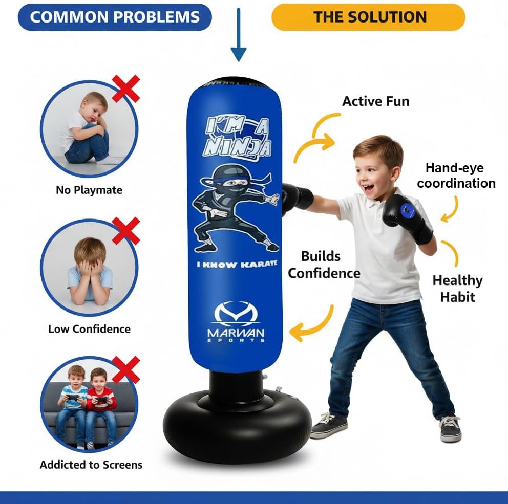 Marwan Sports 5-in-1 Kids Punching Bag Set with Gloves, Pump & Funnel – 63” Inflatable Boxing Bag for Kids 4-12, Durable PVC, Fast Rebound, Waterproof Base Cover with Handles, Gift for Boys & Girls - Image 8