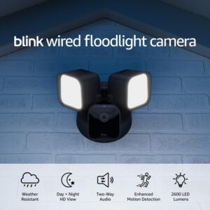 Blink Wired Floodlight Camera – Smart security camera, 2600 lumens, HD live view, enhanced motion detection, built-in siren, Works with Alexa – 1 camera (Black)