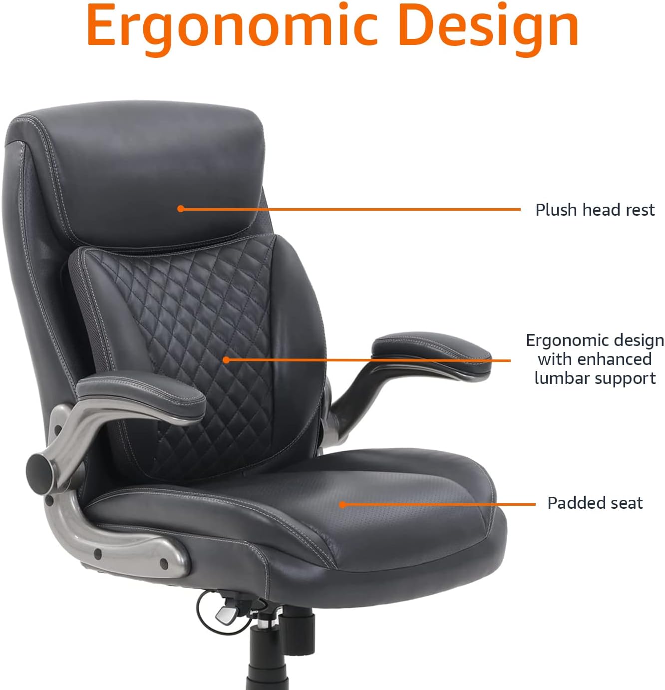 Amazon Basics Ergonomic Executive Office Chair with Adjustable Lumbar Support, Flip-up Arms, Height Adjustable, 360° Rolling Swivel, Computer Desk Chair, Grey Leather - Image 3