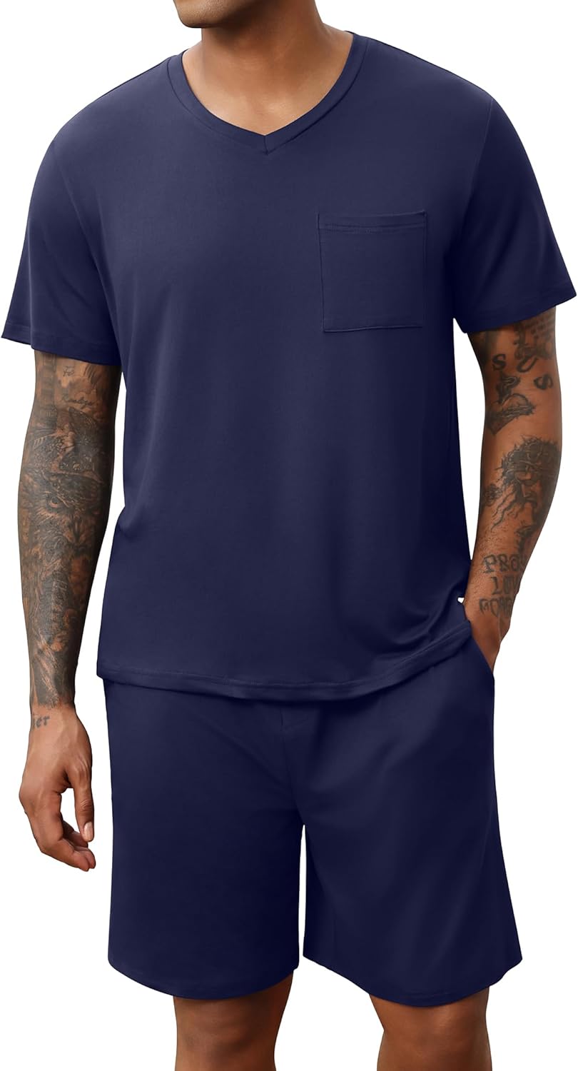 Ekouaer Mens Pajamas Set Soft Lounge Set V Neck Sleep Nightwear Short Sleeve Pjs with Pocket S-XXL