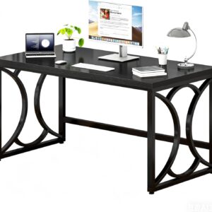 HSH Black Computer Desk, 55 Inch Metal Wood Home Office Desk, Simple Industrial Study Executive Desk for Work Writing, Modern Student Gaming Computer PC Table for Bedroom Living Room