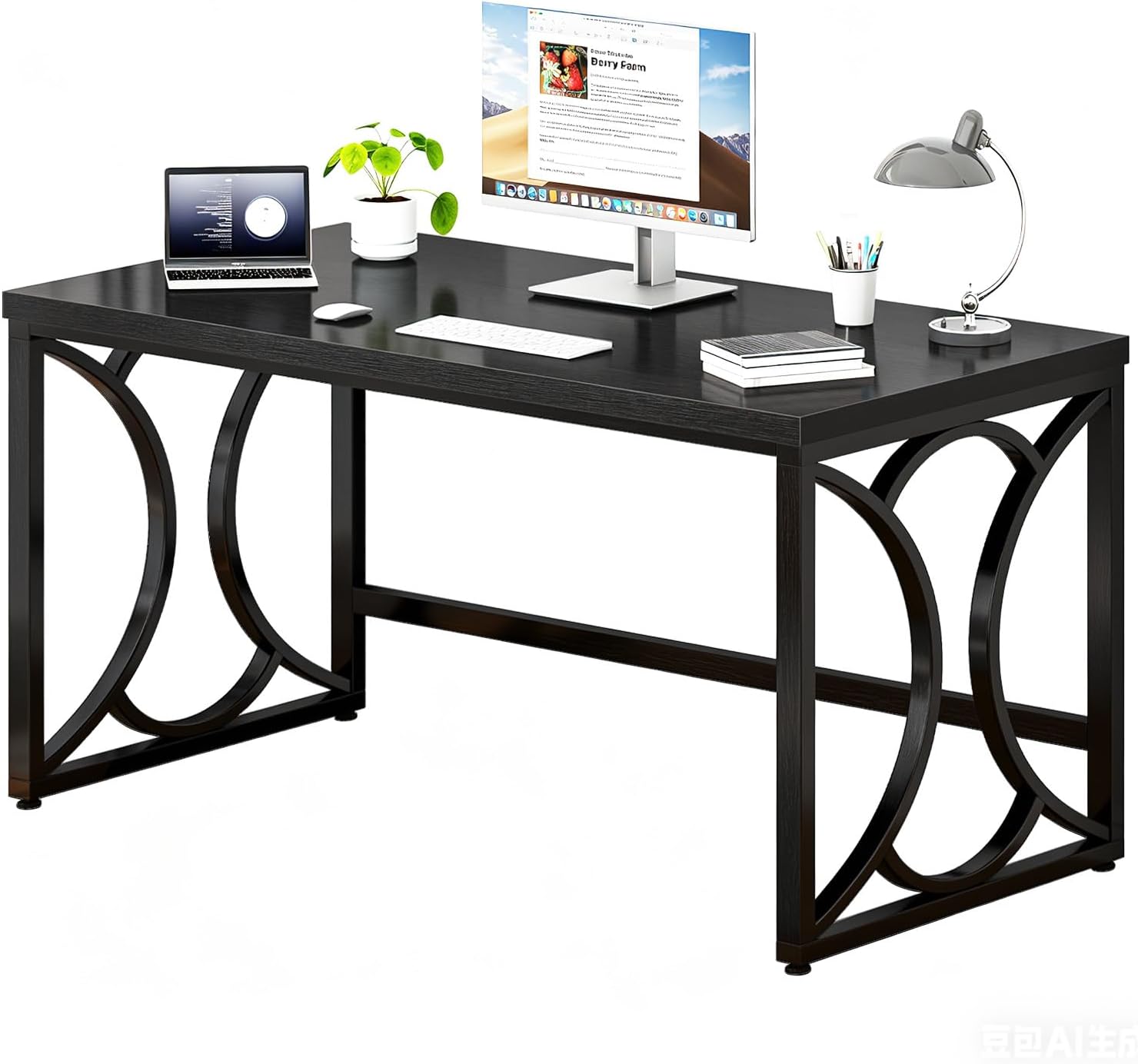 HSH Black Computer Desk, 55 Inch Metal Wood Home Office Desk, Simple Industrial Study Executive Desk for Work Writing, Modern Student Gaming Computer PC Table for Bedroom Living Room