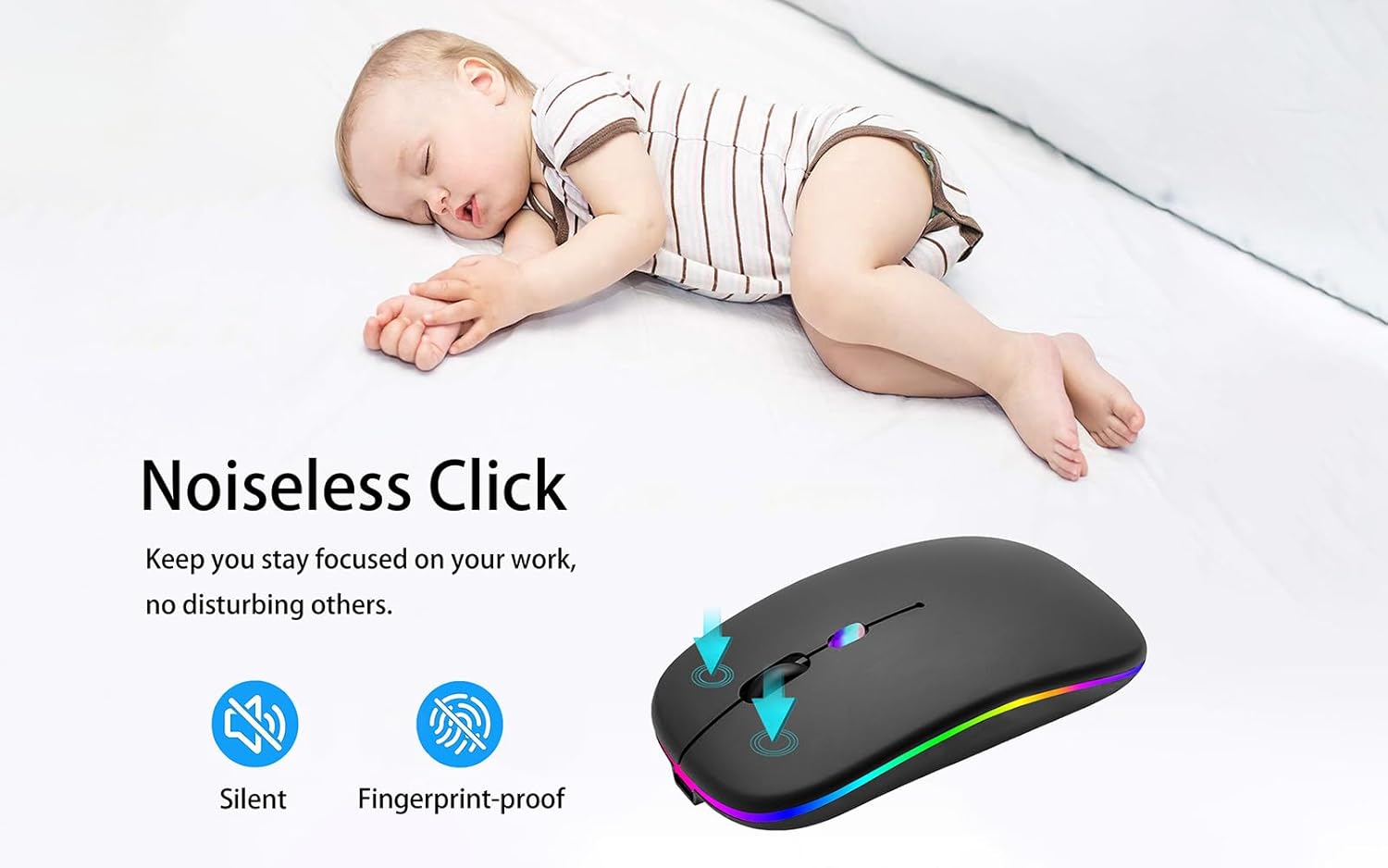 AIKOKOK Wireless Bluetooth Mouse, Rechargeable, Dual Mode Bluetooth 5.2 & 2.4G USB, LED Lights, Slim, Silent, Portable Computer Mouse for Laptop, PC, MacBook, iPad, Tablet (Black) - Image 3