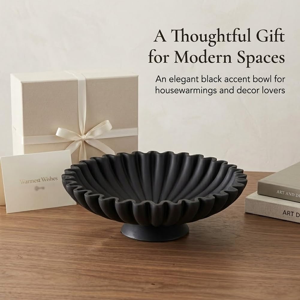 9.5" Large Decorative Bowl - Scalloped Pedestal Bowls for Home Decor, Key Bowls for Entryway Table, Decorative Fruit Bowl for Kitchen Counter, Resin Black Ruffle Coffee Table Decor - Image 8