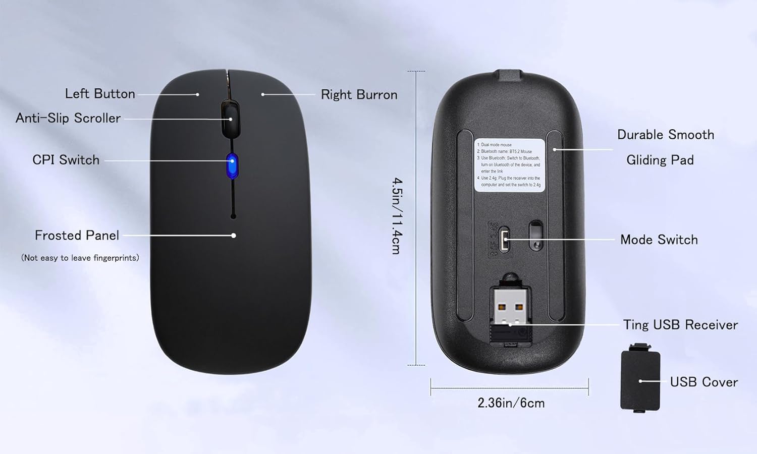 AIKOKOK Wireless Bluetooth Mouse, Rechargeable, Dual Mode Bluetooth 5.2 & 2.4G USB, LED Lights, Slim, Silent, Portable Computer Mouse for Laptop, PC, MacBook, iPad, Tablet (Black) - Image 6