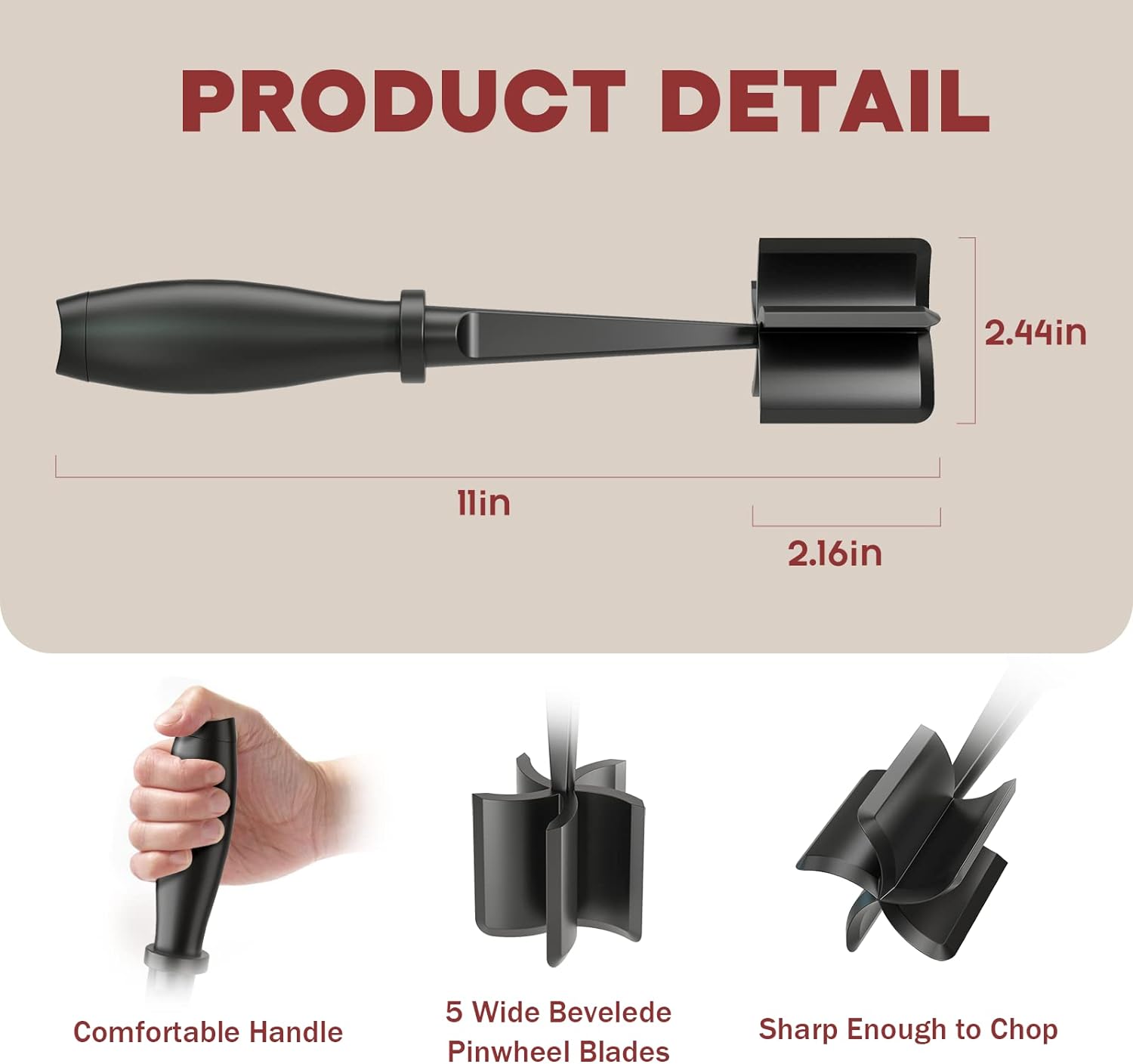 Meat Chopper, Hamburger Grinder, Premium Heat Resistant Smasher for Ground Beef, Burger Grinder Nylon Potato Mix Tool, Meat & Poultry Tenderizers-Black - Image 2