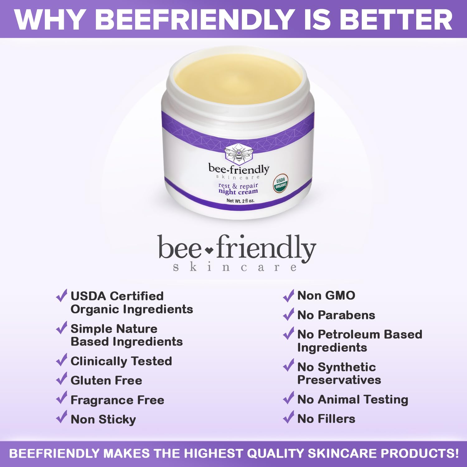 BeeFriendly Organic Night Cream, USDA Certified Organic, Deep Hydrating & Moisturizing Night Time Eye, Face, Neck & Decollete Cream for Women and Men, Anti Aging, Anti Wrinkle 2 oz - Image 6