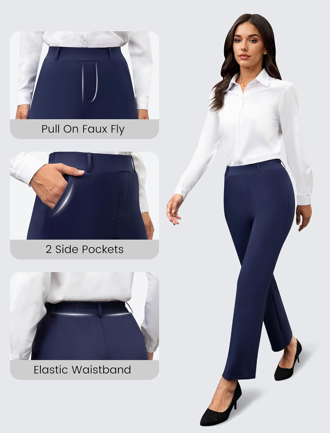 DLOODA Womens Stretchy Dress Work Pants, Business Casual Straight Leg Office Trousers Pull On Slacks with 2 Pockets - Image 4