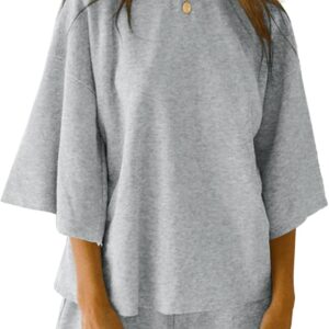 Tankaneo Womens Pajama Sets 3/4 Sleeve Oversized Tops & Loose Fit Shorts Lounge Set with Pockets Loungewear