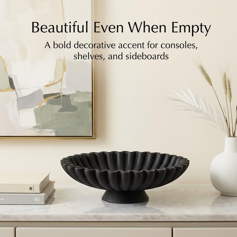 9.5" Large Decorative Bowl - Scalloped Pedestal Bowls for Home Decor, Key Bowls for Entryway Table, Decorative Fruit Bowl for Kitchen Counter, Resin Black Ruffle Coffee Table Decor - Image 7