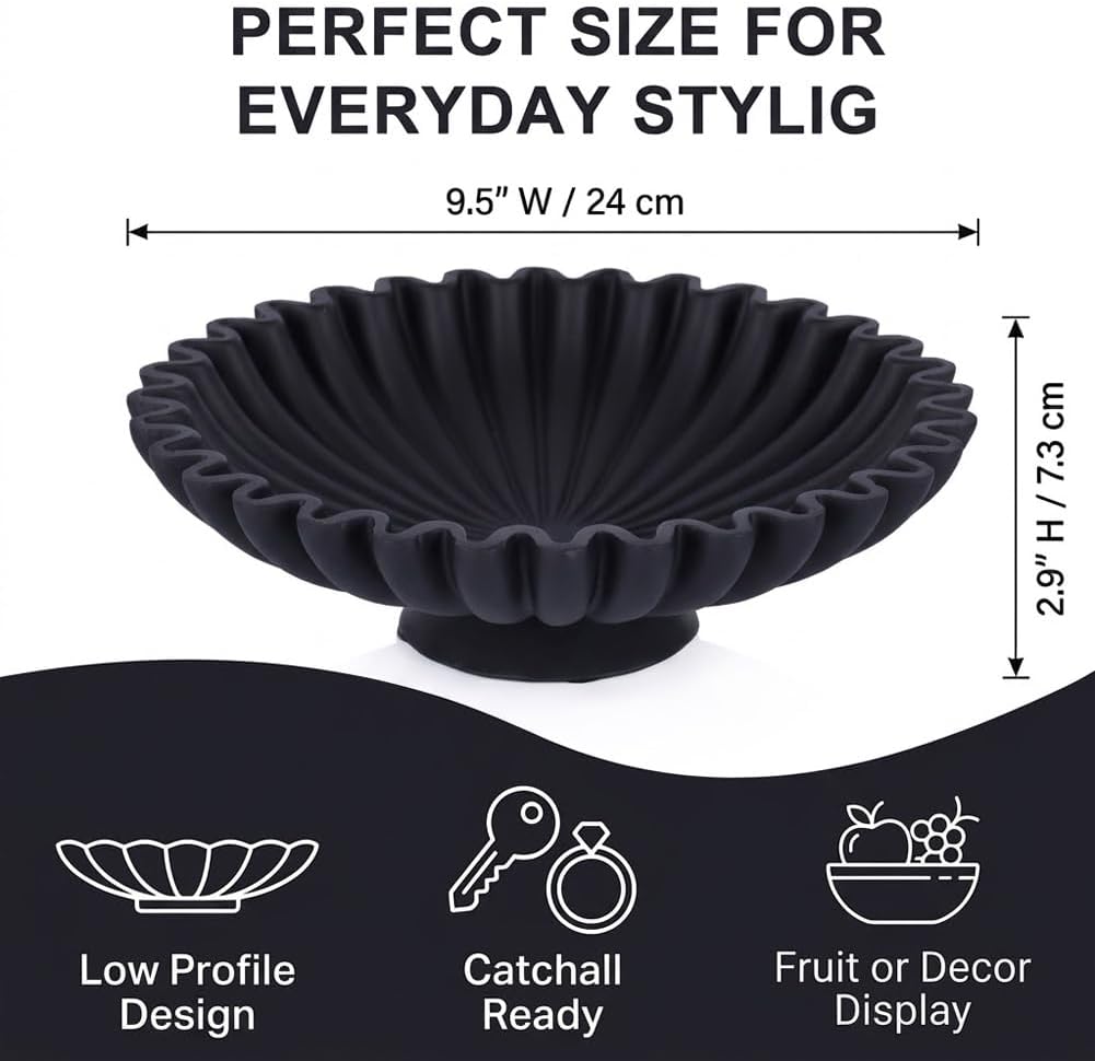 9.5" Large Decorative Bowl - Scalloped Pedestal Bowls for Home Decor, Key Bowls for Entryway Table, Decorative Fruit Bowl for Kitchen Counter, Resin Black Ruffle Coffee Table Decor - Image 2