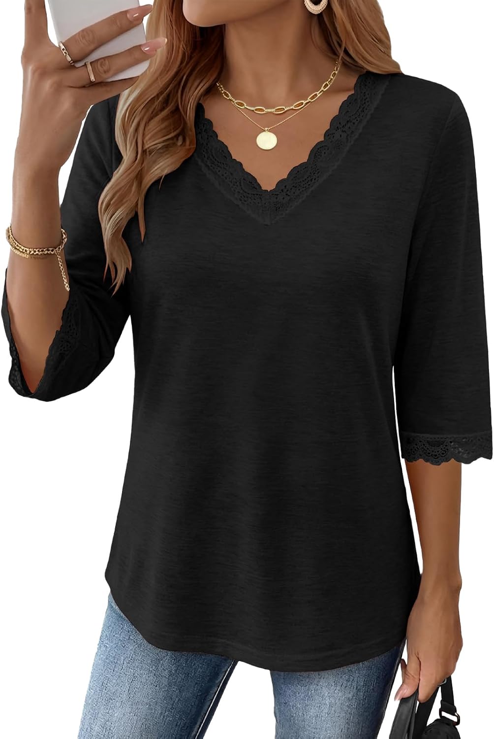 Womens Tops 3/4 Length Sleeve Lace V Neck T-shirt Dressy Casual Blouses Summer Outfits Beach Vacation Tunic Blouses